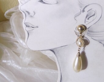 goldfarbene Ohrstecker mit Perle und Perlentropfen der 70er Jahre für Braut Hochzeit, Geschenk Frauen