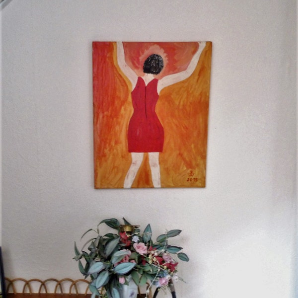 Frau im roten Kleid, Acrylmalerei in rot/orange auf Leinwand 40cm x 50cm ,Unikat,Ausdruck der Lebensfreude,Geschenk zum Umzug,