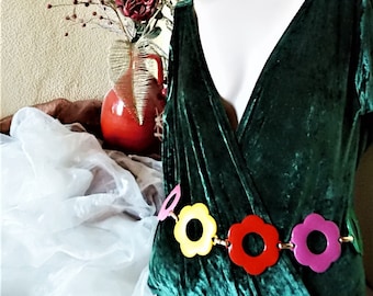klobiger Metallgürtel mit bunten Blüten, Vintage Schmuckgürtel mit Blüten, rustikaler Gürtel der 70er Jahre,Geschenk Frauen,Kettengürtel