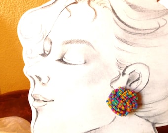 Clip-on earrings with colorful love beads from the 70s, large beaded earrings, vintage earrings, hippie, boho, gift for women, ART 1691131253