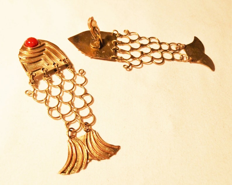 verrückte bewegliche Vintage Ohrclip Fische in gold-u. silberfarben,Modeschmuck der 70er,Geschenk Frauen Mädchen,Shabby große Retro Ohrringe Bild 4