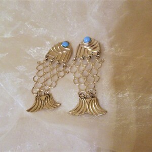 verrückte bewegliche Vintage Ohrclip Fische in gold-u. silberfarben,Modeschmuck der 70er,Geschenk Frauen Mädchen,Shabby große Retro Ohrringe silber mit blau