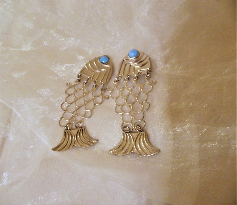 verrückte bewegliche Vintage Ohrclip Fische in gold-u. silberfarben,Modeschmuck der 70er,Geschenk Frauen Mädchen,Shabby große Retro Ohrringe silber mit blau