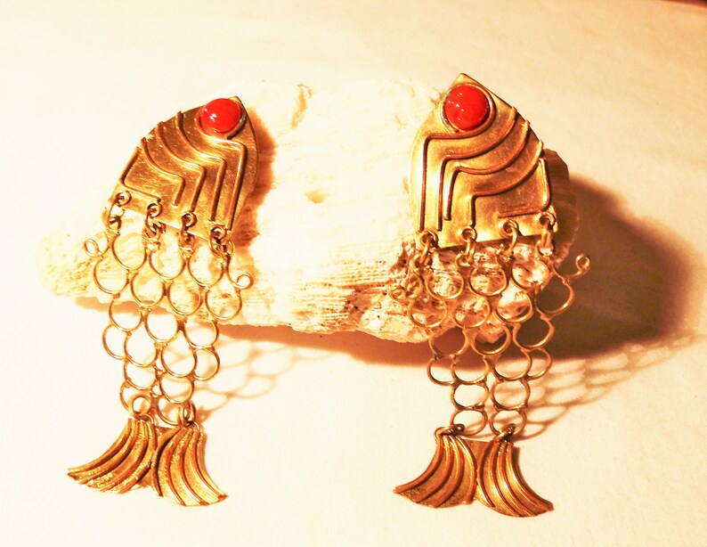 verrückte bewegliche Vintage Ohrclip Fische in gold-u. silberfarben,Modeschmuck der 70er,Geschenk Frauen Mädchen,Shabby große Retro Ohrringe Bild 3