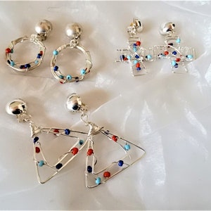 Silver-colored ear clips with colorful beads in 3 shapes circle, triangle o, cross of the 80s, gift for women, ART 948553270
