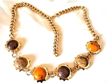 Metallgürtel goldfarben runde Glieder mit honigfarbenen Cabachons, Schmuckgürtel 70er Jahre, Geschenk Frauen, Kettengürtel, ART 886974805