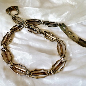 May include: A silver chain belt with a decorative clasp and a long, rectangular pendant. The chain is made of interlocking links that are shaped like elongated ovals.