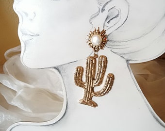 riesige Vintage Ohrringe Kaktus in goldfarben,opulente verrückte Ohrclips oder Hänger,80er Jahre,Geschenk Frau Mädchen,Shabby Retro Ohrringe