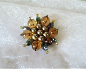 Brooch made of colorful beads, multicolored pin of the 80s, gift women, pretty decorative round vintage pin