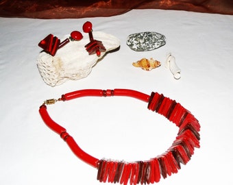 Holzkette und Ohrclip,Holz in rot/braun, farbiger extravaganter Holzschmuck,Geschenk Frauen,Modeschmuckset 80er Jahre,Kette Holz