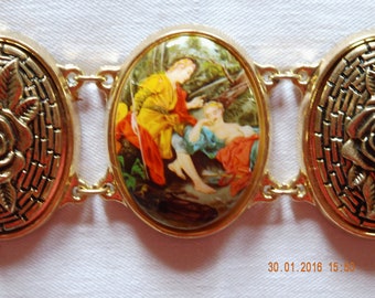 Metal belt gold-colored with rococo images, cameo, historical costume ball, chain belt, jewelry belt, 70s, cameo, stage, show, gift women