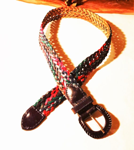Braided leather belt vintage, brown, green, pink,… - image 2