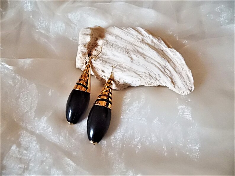 opulent chunky earrings black drops, earrings from the 80s, earrings, gift women, stage, show, dance, black pearls image 5