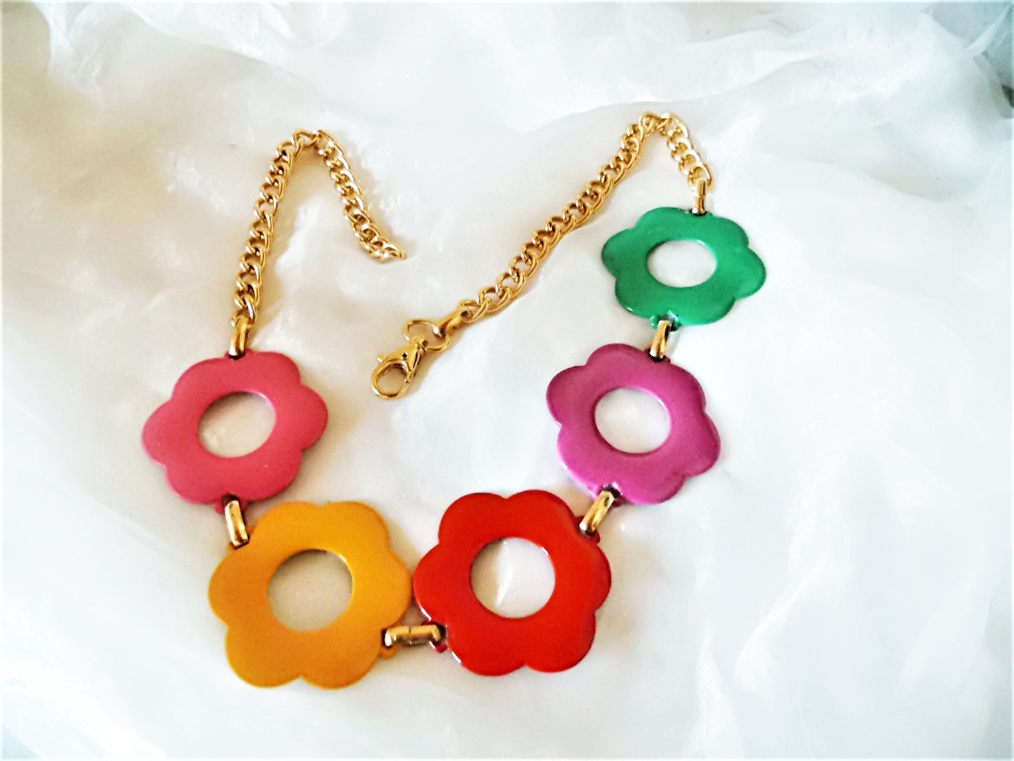 Chunky Metal Belt With Colorful Flowers, Jewelry Belt 