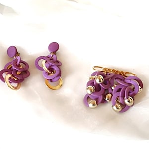 purple brooch + ear clip light plastic with metal from the 80s, jewelry set, gift for women, ART 613353454