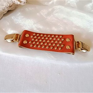 May include: A brown leather strap with gold studs and two gold metal clips. The strap is designed to hold items together.