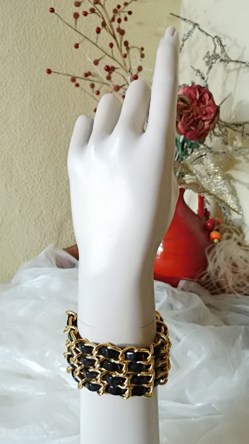 Patent leather wide opulent bracelet 80s fashion jewelry set opulent gift robust black and gold extravagantly rough, image 1