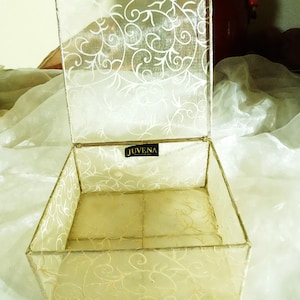 Champagne-colored box made of transparent fabric decorated with gold-colored tendrils from the 90s, Christmas gift, ART 1601517126