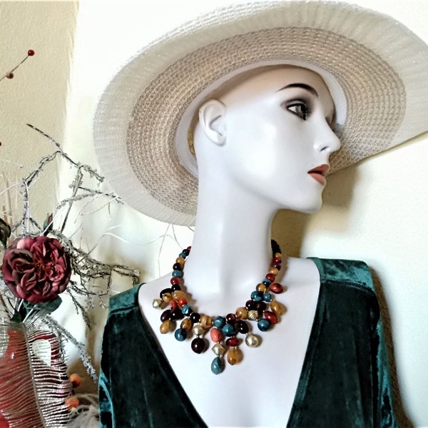 klobige opulente Vintage Kette,sehr attraktive farbige Perlenkette mit vielen bunten Anhängern,Geschenk Frauen,Kette der 80er Jahre,Collier