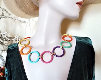 Collar con círculos de colores de los años 70, hippie boho vanguardista, regalo para mujer, collar ancho multicolor, ART 1276308583