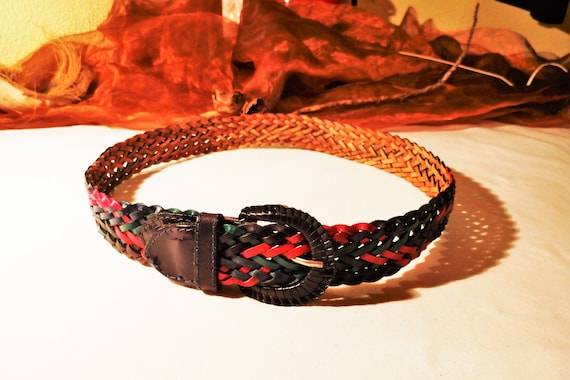 Braided leather belt vintage, brown, green, pink,… - image 1