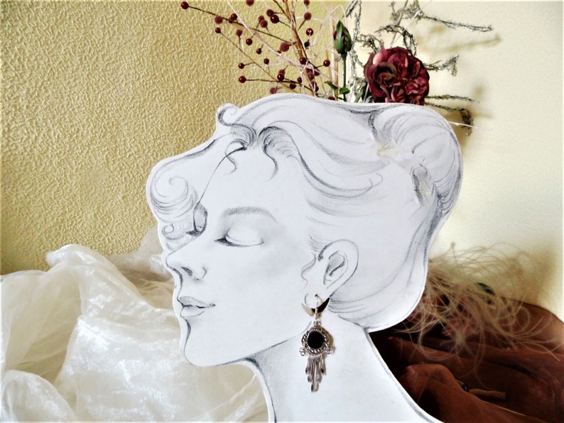 silberfarbene Ohrhänger schwarzes Viereck o. abgerundetes Viereck der 80er Jahre als Geschenk für Frauen Bild 6