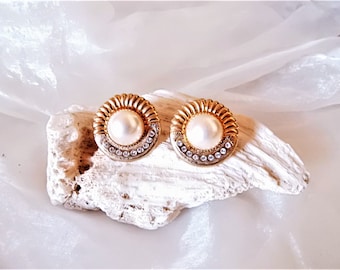 Clip earrings with crystals and pearls, wedding earrings 80s, gift for women, round classic elegant earrings, vintage earrings