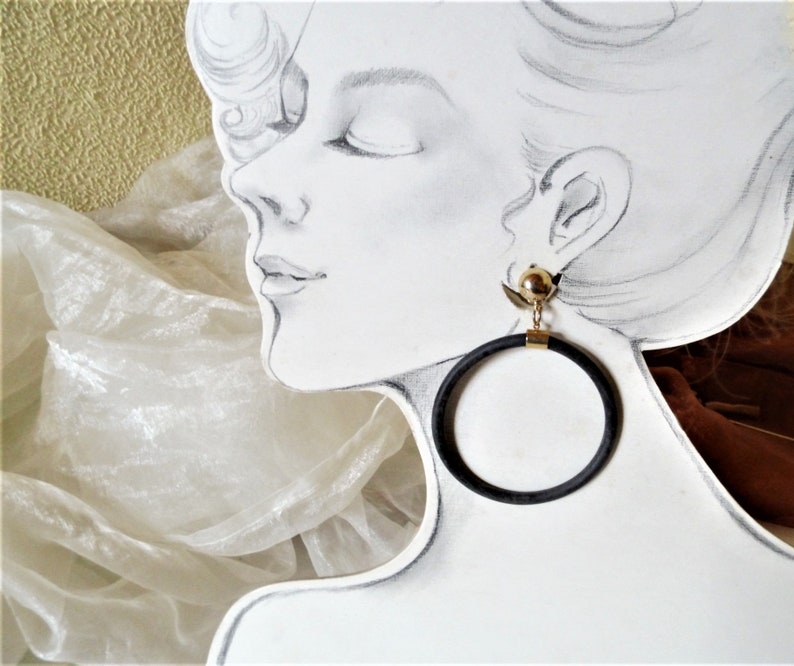 Ear clip Creole black/silver or black/gold, classic, gift for women, gigantic opulent earrings from the 80s, plastic earrings image 1