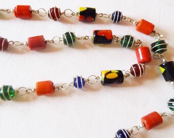 Glass bead necklace hippie boho, very long colorful decorative necklace, necklace from the 70s, gift for women, heavy colored vintage chain