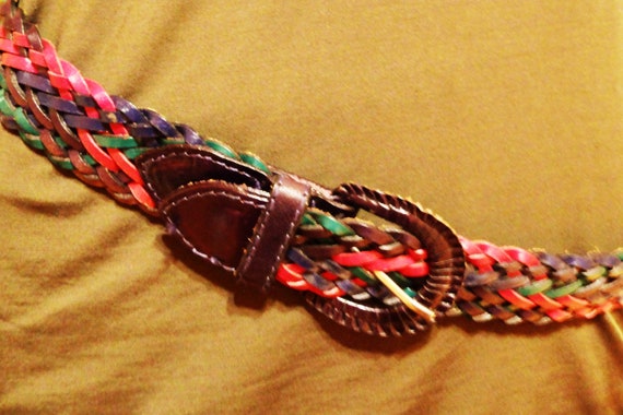 Braided leather belt vintage, brown, green, pink,… - image 3