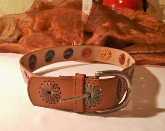 Vintage leather belt with colorful leather decorations, gift for women, 70s, very nice belt in different colors