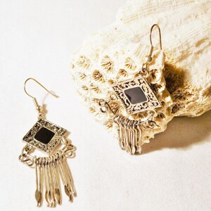 Silver-colored earrings black square or rounded square from the 80s as a gift for women image 3