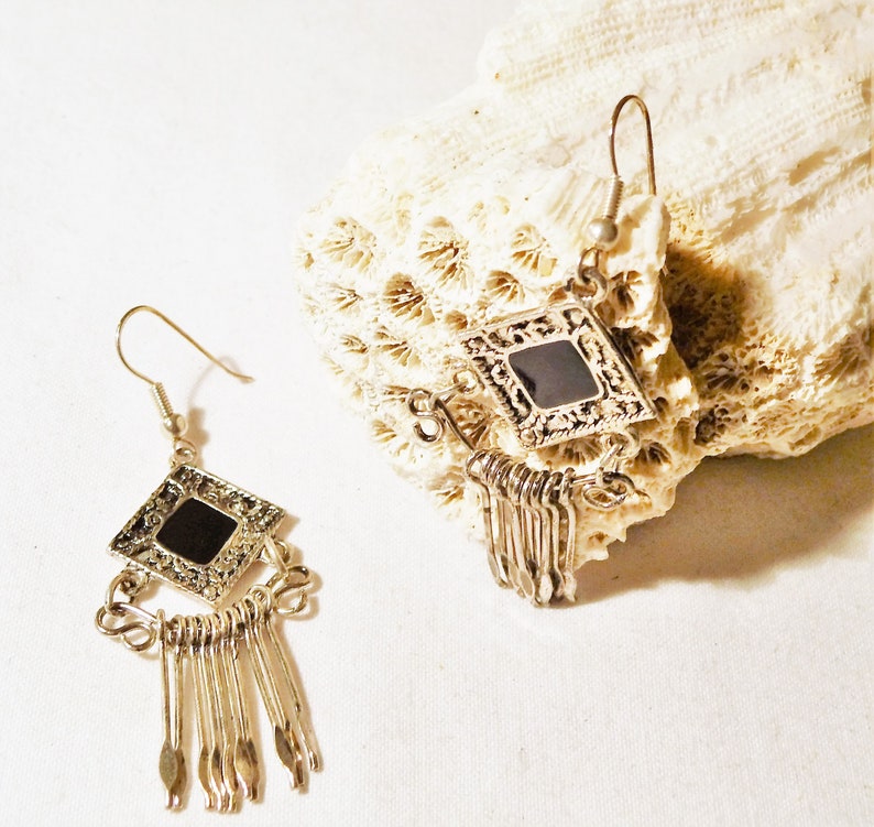 Silver-colored earrings black square or rounded square from the 80s as a gift for women image 3