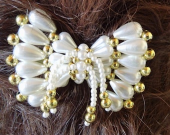 Haarspange für Hochzeit aus Perlen, entzückende Haarspange Schleife für Braut,80er Jahre,Hochzeit,Kommunion,Geschenk,weiß/goldener Haarclip