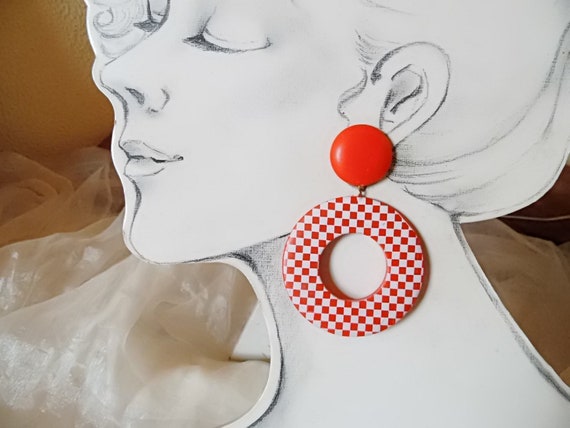 Ear clips red hoop earrings in houndstooth style,… - image 1