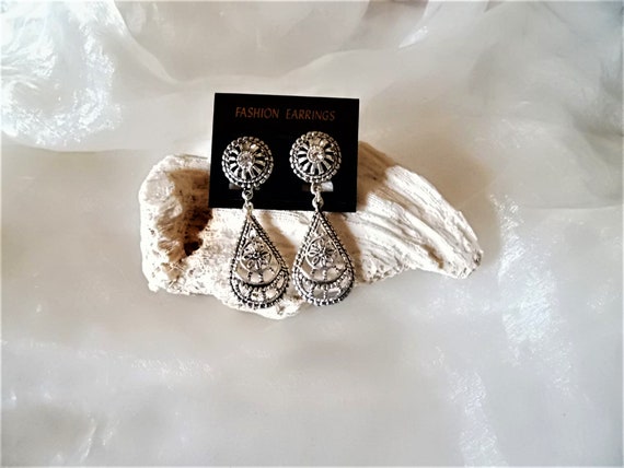 silver-colored pierced hanging clip earrings with… - image 2