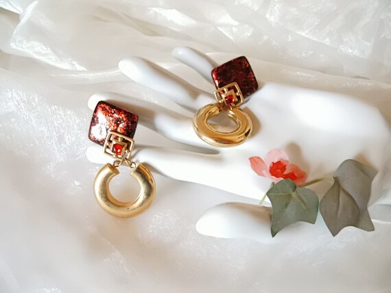 Vintage ear clips, square green/- or red/gold ton… - image 6
