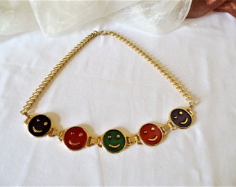 wide gold-colored metal belt with 5 links with colored smileys, variable length jewelry belt with smileys, chain belt from the 90s