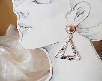 Clip-on earrings with black beads, silver-colored earrings, wire clip-on earrings in 4 shapes, 80s earrings, shiny earrings, women's gift