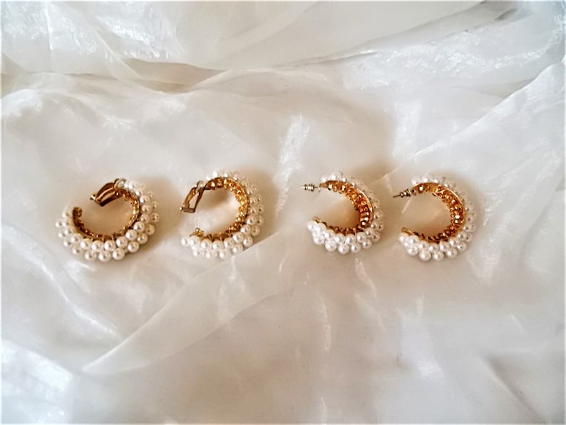 superschöne opulente Vintage Ohrringe Perlen Halbcreolen als Ohrclip,stecker der 80er Jahre, Geschenk für Frauen, Hochzeit Bild 1