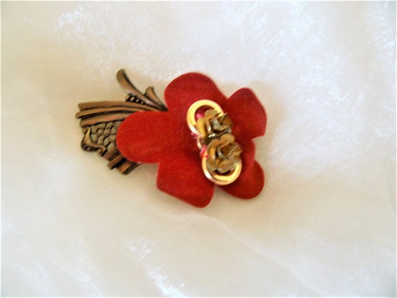 Brooch leather red/bronze, particularly decorativ… - image 3