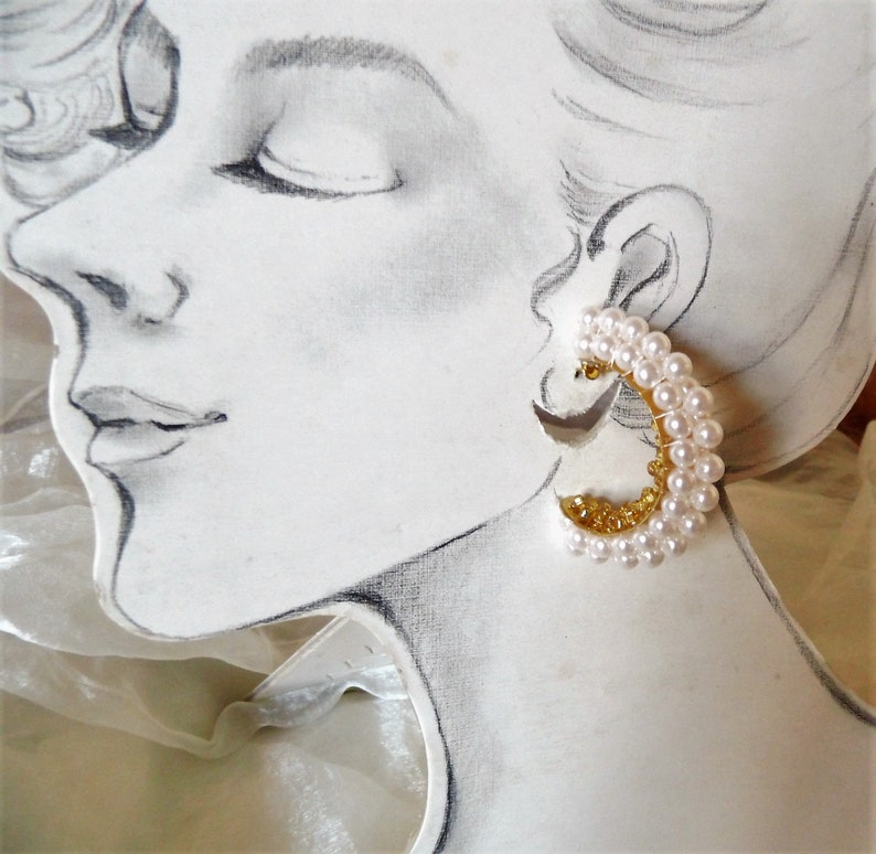 superschöne opulente Vintage Ohrringe Perlen Halbcreolen als Ohrclip,stecker der 80er Jahre, Geschenk für Frauen, Hochzeit Bild 3