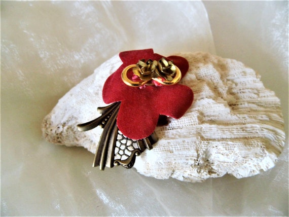 Brooch leather red/bronze, particularly decorativ… - image 1