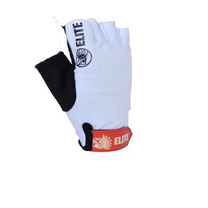May include: White fingerless gloves with a black palm and a red wrist strap. The strap has the word "ELITE" printed on it in white.