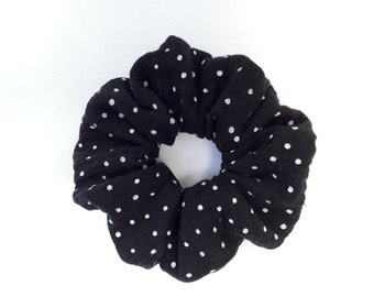 Scrunchie, Hair Rubber, Muslin, Black with White Dots, Handmade