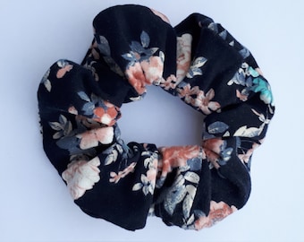 Scrunchie Hair Rubber Dark Blue with Floral Pattern Handmade