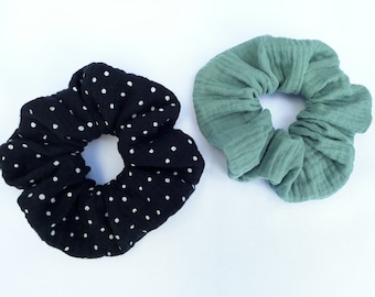 NEW***2-set scrunchie, hair rubber, muslin, black with dots, old green, handmade
