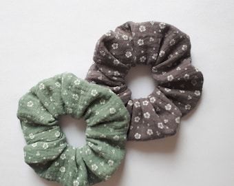 NEW***2-set scrunchie, hair rubber, muslin, stray flowers, grey, old green, handmade