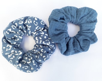 2-set scrunchie, hair rubber, muslin, blue, leo pattern, handmade