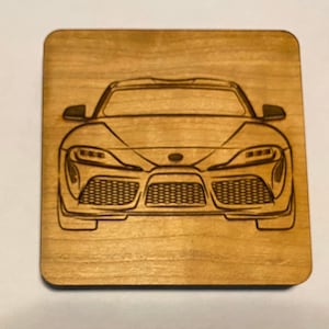 Toyota Supra Coasters: Laser Engraved Cherry Wood, Man Cave Decor (2 Pack)